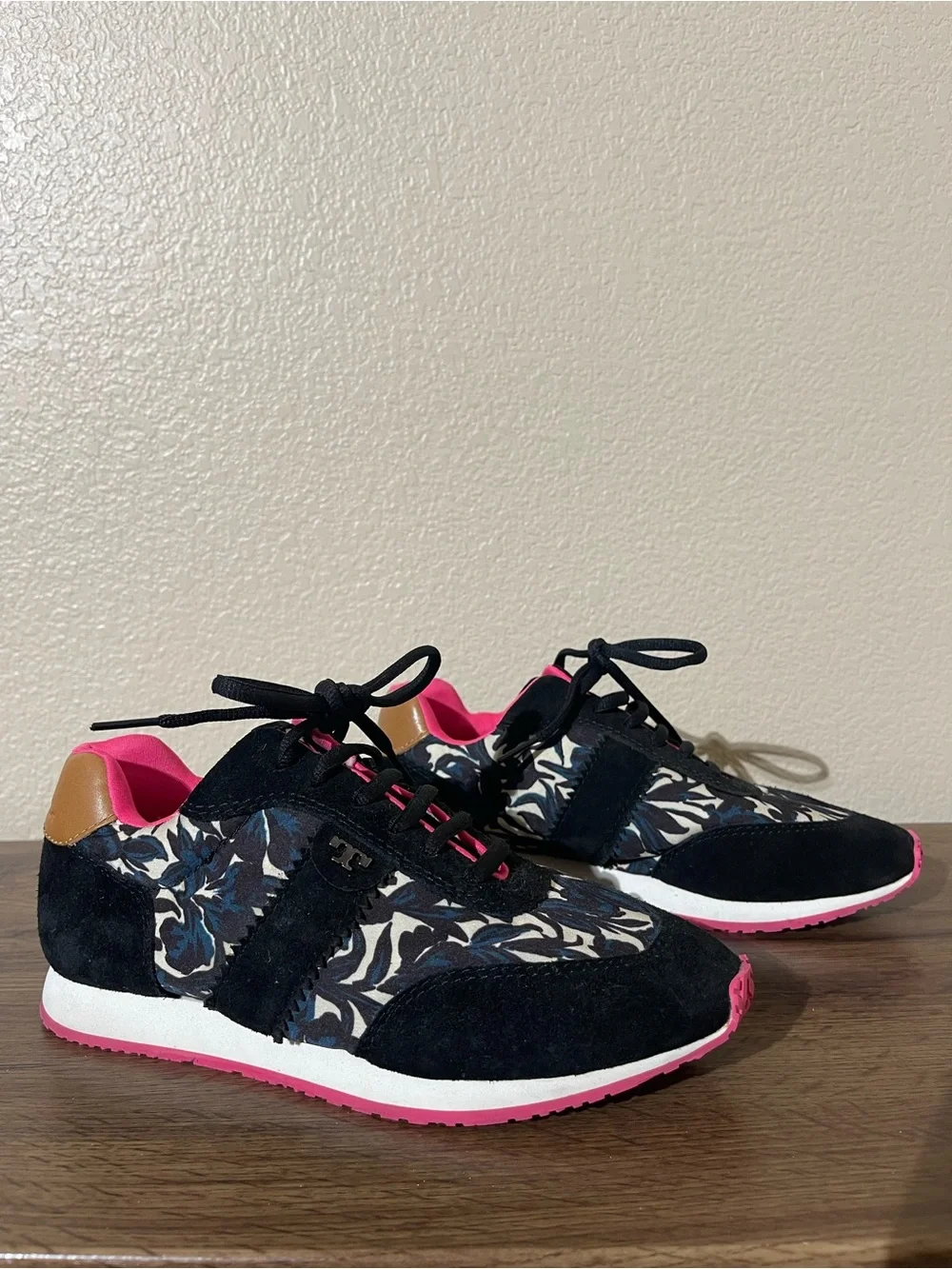 Tory Burch Black Floral Sneakers with Hot Pink Accents